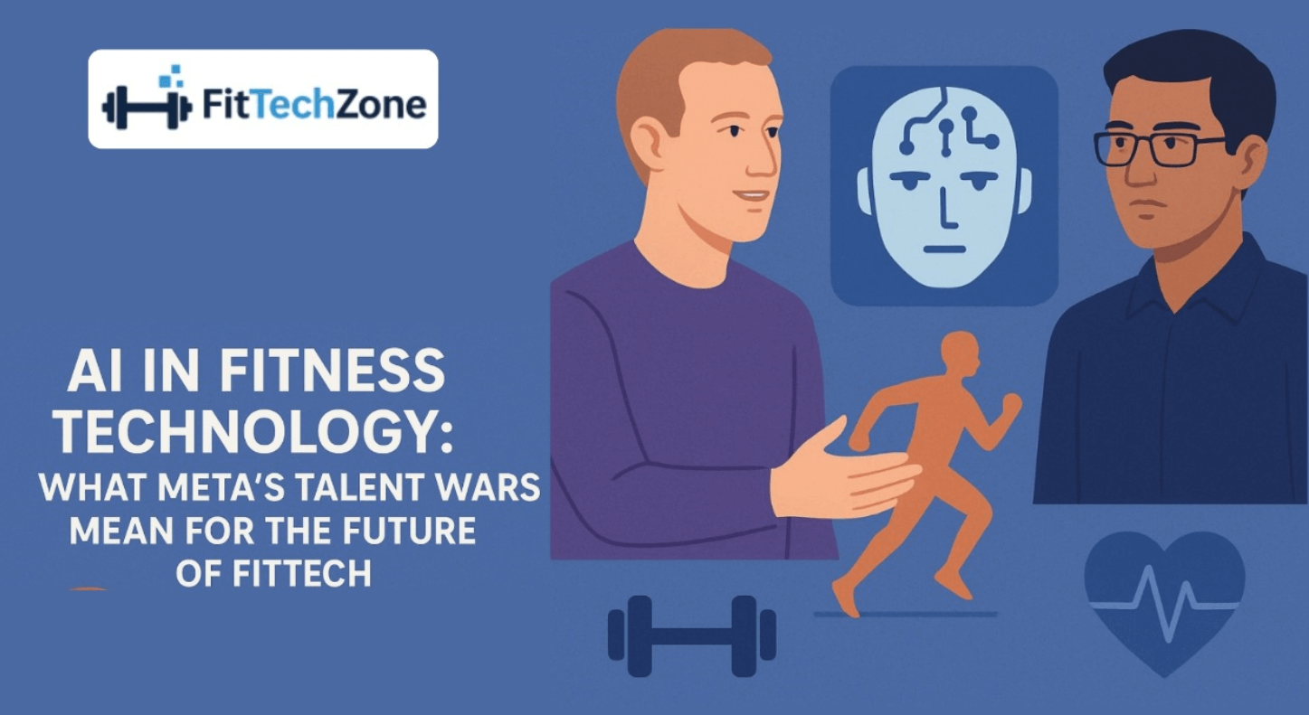 Illustration of AI in fitness technology showing Mark Zuckerberg and Sundar Pichai discussing talent wars, with fitness icons like a runner, dumbbell, and heart rate.